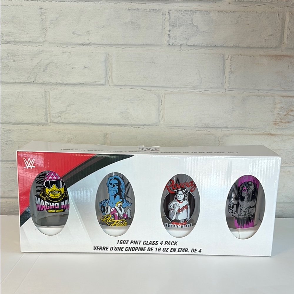 WWF 16oz Pint Glass 4 Pack Macho Man,Ric Flair,Rowdy Piper, Ultimate Warrior